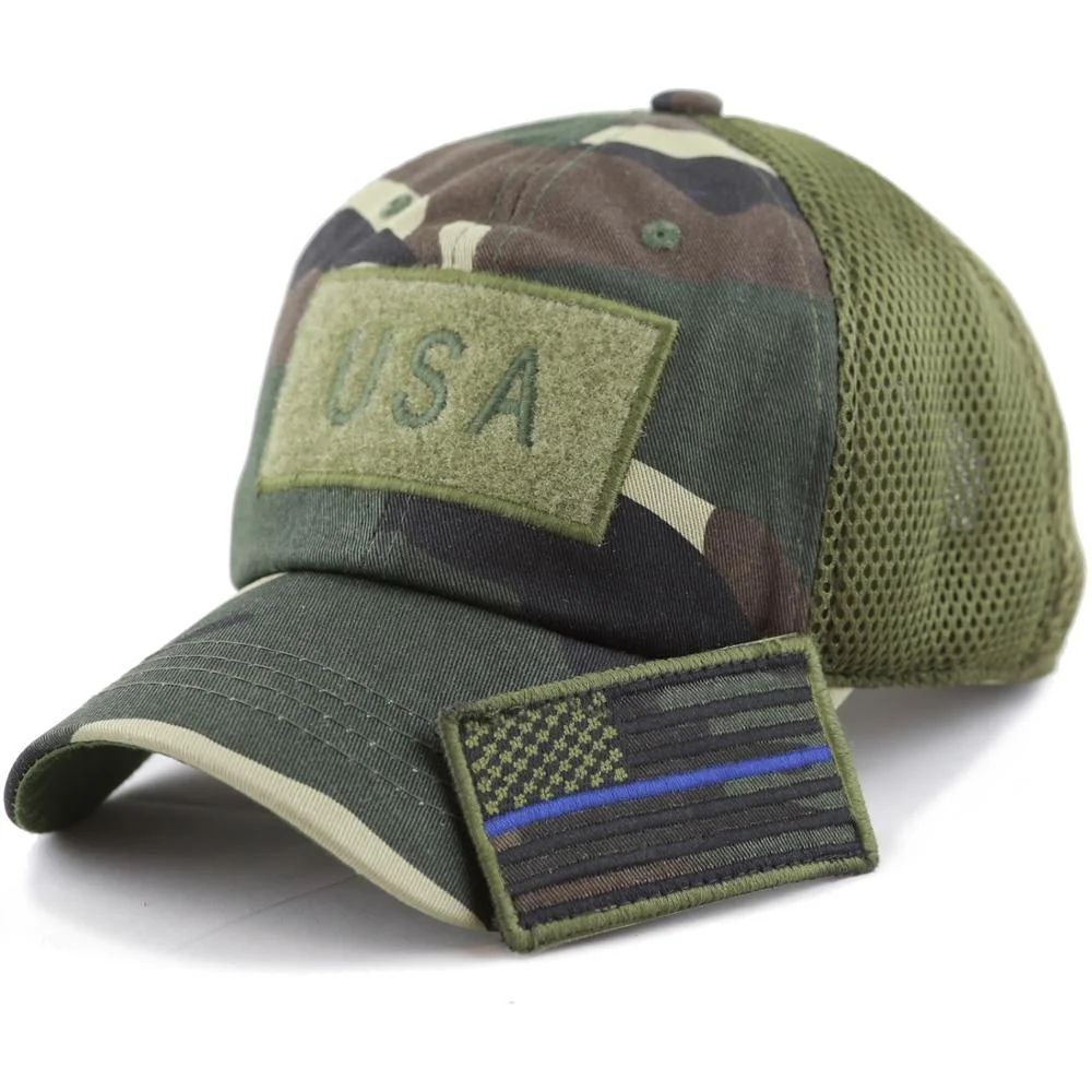 Tactical Embroidery Patch Trucker Cap Operator with USA Flag Camouflage Hoop Loop Closure Mesh Baseball Cap