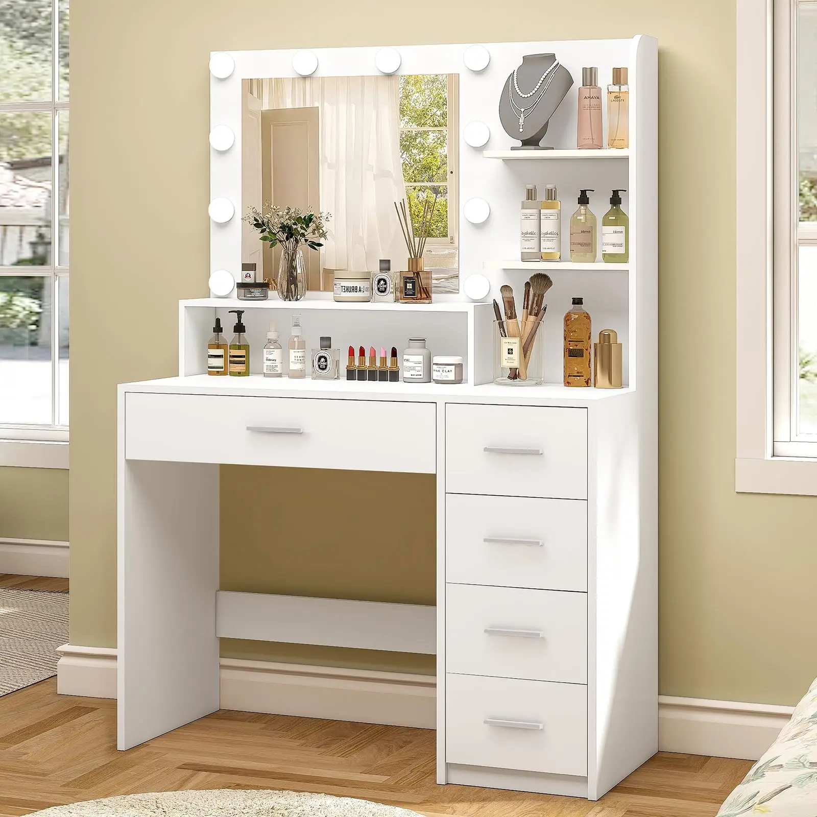 Modern 6-Drawer Wooden Dresser 36-Inch Bathroom Vanity with Lighted Mirror and Sink New Trend Bedroom Furniture
