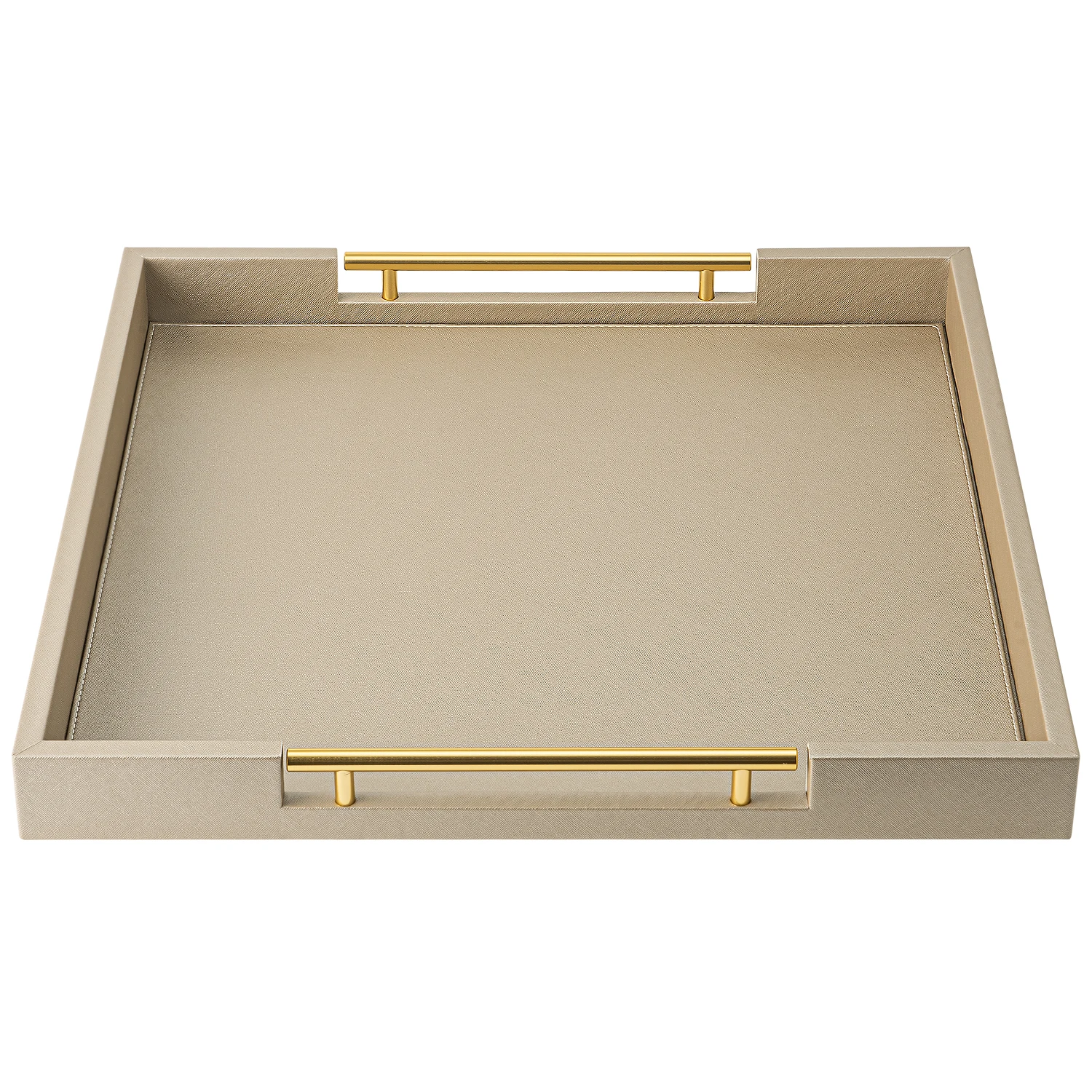 Khaki Faux Leather Serving Tray With Handles,20x20inches, Large Decorative Tray for Ottoman Coffee Table Decor Living Room