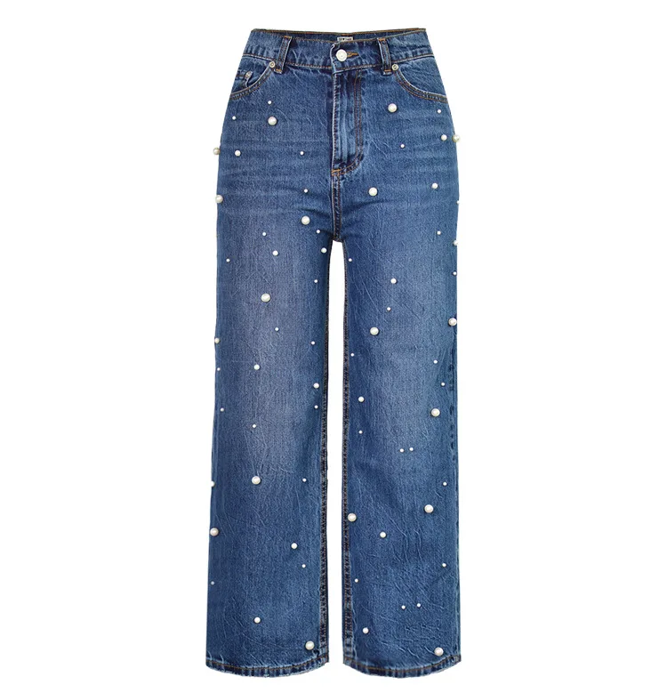 Custom Fashionable Ladies Luxury Streetwear Straight Wide leg Jeans For Women Pearl Rivets Decoration Pantalones De Mujer