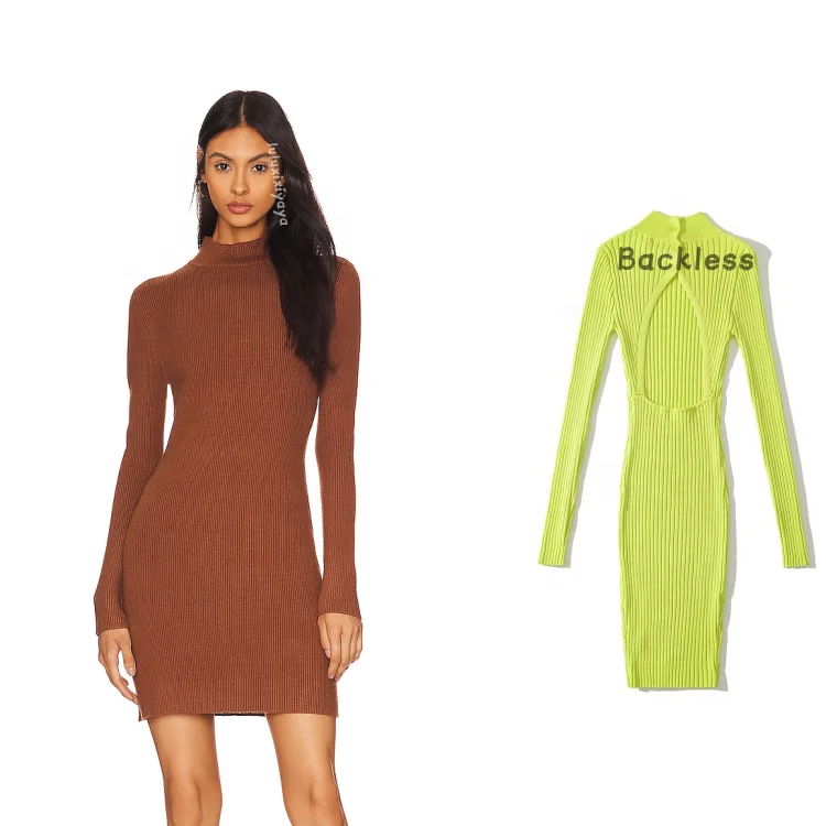 Luluxixiyaya Mini Long Sleeve Dress High Neck Sweater Ribbed Button Hollow Backless Sexy Bodycon Dresses Women