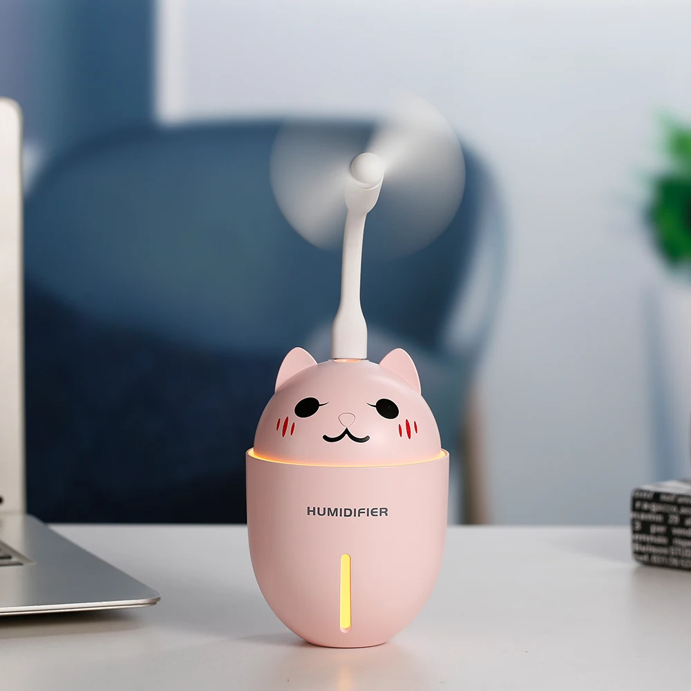 3D unique cats Pet 300ml USB Air Humidifier Ultrasonic Cool-Mist Mini Humidifier With LED Light Mini USB Fan 3 in 1