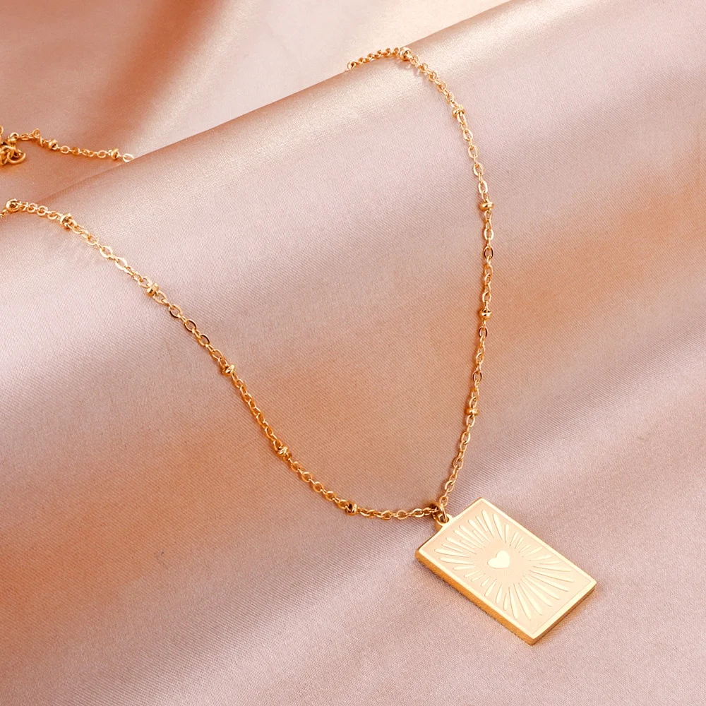 Minimalist Stainless Steel Jewelry Custom 18K Gold Plated Stainless Steel Engraved Logo Letter Rectangle Square Pendant Necklace