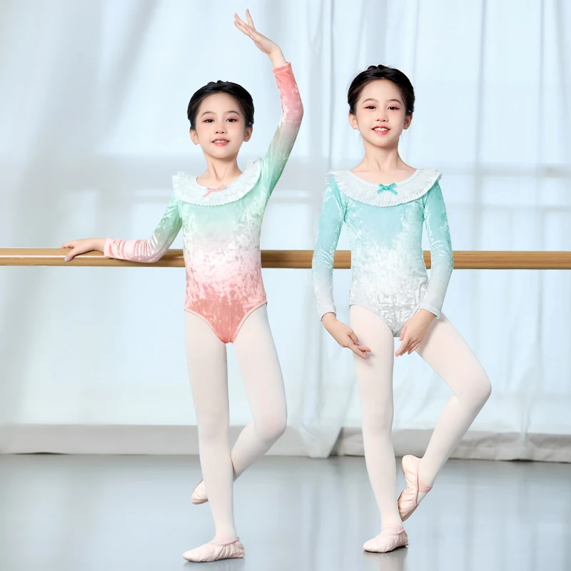 Girl Gradient Color Ballet Leotard Kids Ruffle Lace Collar Bowknot Bodysuit Children Long Sleeve Velvet Gymnastics Leotard