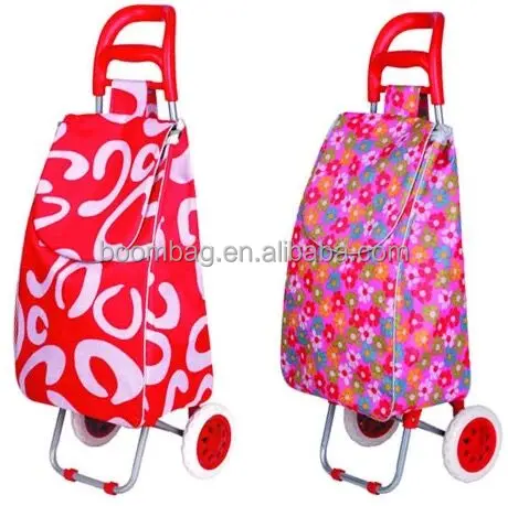 Supermarket Reusable Flower Pattern Overall Printing Portable Folding Grocery Trolley Shopping Bag with Wheels