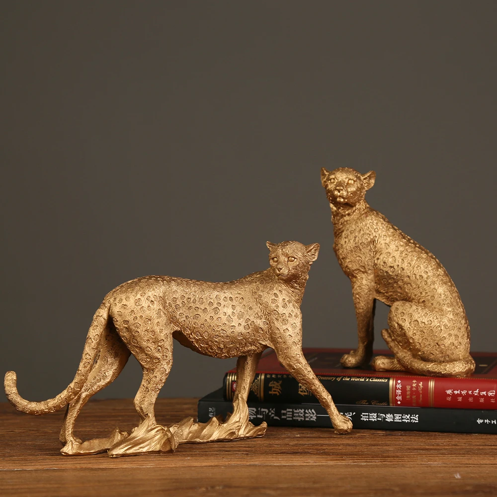 Statue Figurine Sculpture Home Office Table Desktop Decor Ornaments leopard gold Golden Cheetah Handmade Decorative ornaments