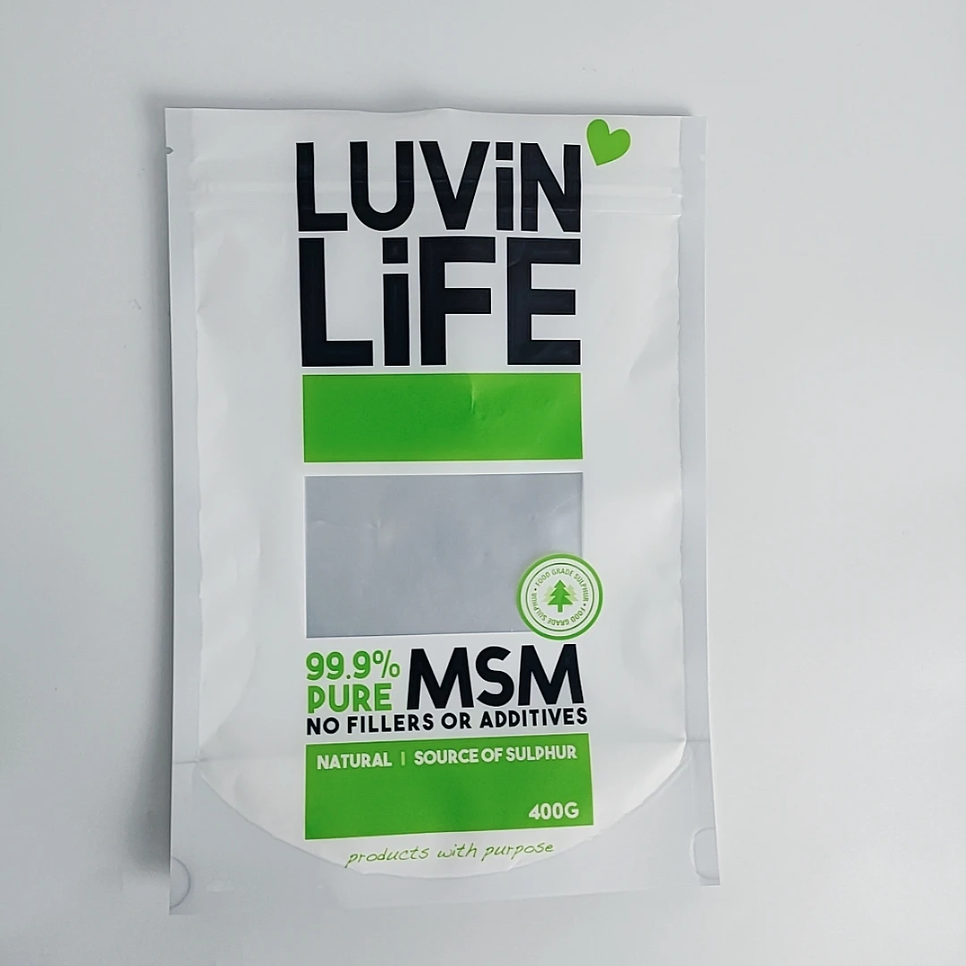 Matte Metallic Foil Moisture-proof  Window Stand up Easy tear zipper Glucosamine/MSM Powders Bag