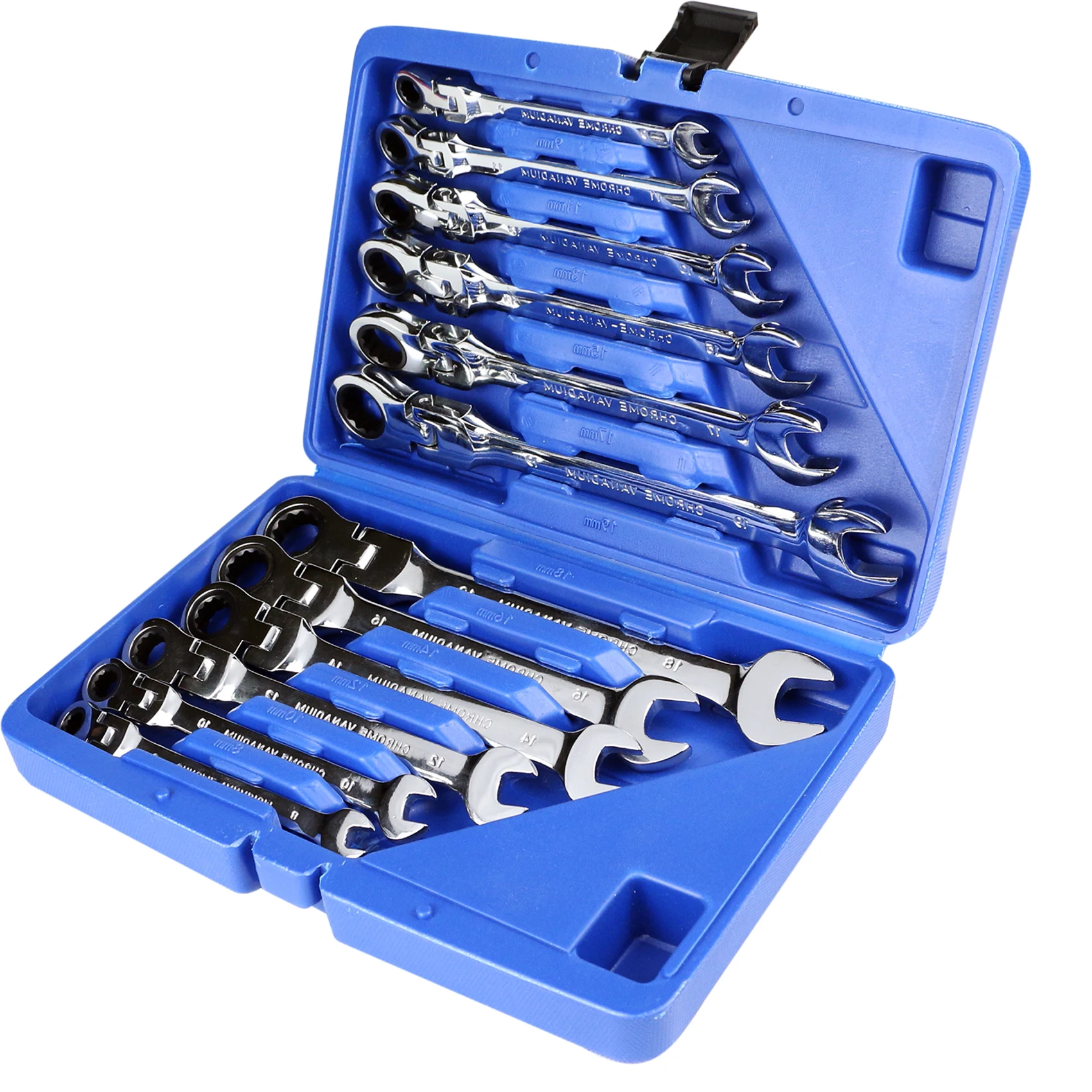 SUGETOOLS 12pcs 8-19mm repair tool flex-head metric ratchet wrench spanner set with box organizer