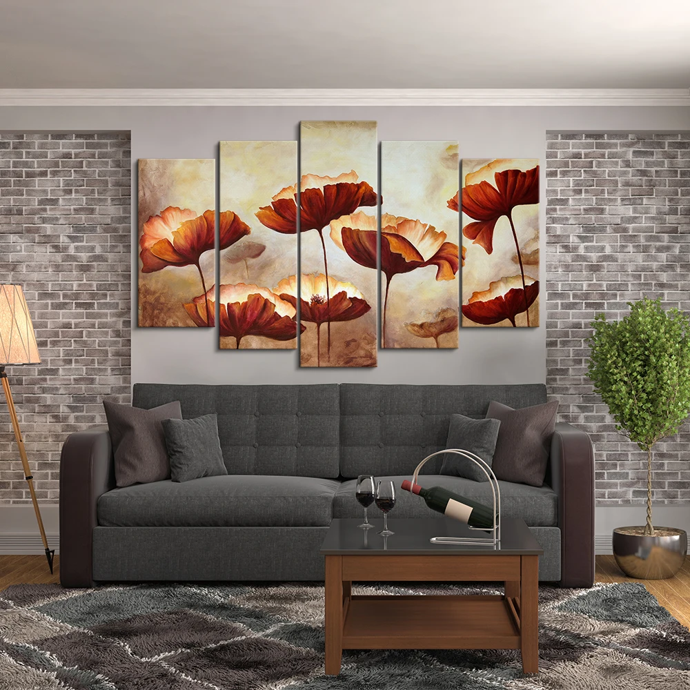 5 panels personalised custom split Lotus leaf painting canvas prints