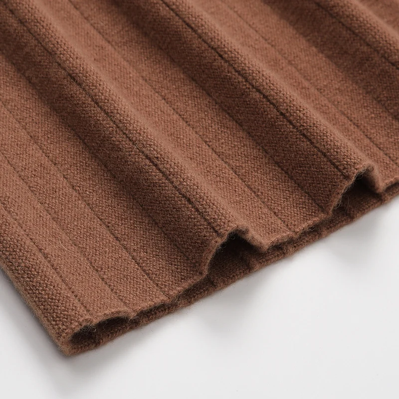 Newest Elegant A-Line Pleated Rib Knitted Cashmere Skirt Solid Design with Natural Waist Sustainable Woolen Yarn Dyed Fabric