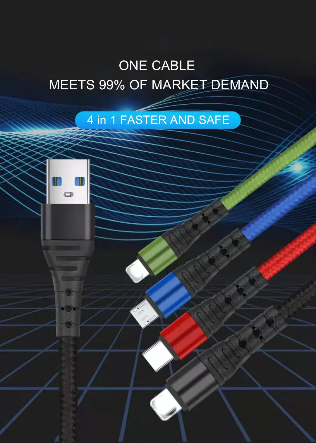 
Fast Charging 2 TYPE C Nylon Braided Aluminium Alloy 3 in 1 4 in 1 USB Cable Multi 3 in 1 Cable Charger 