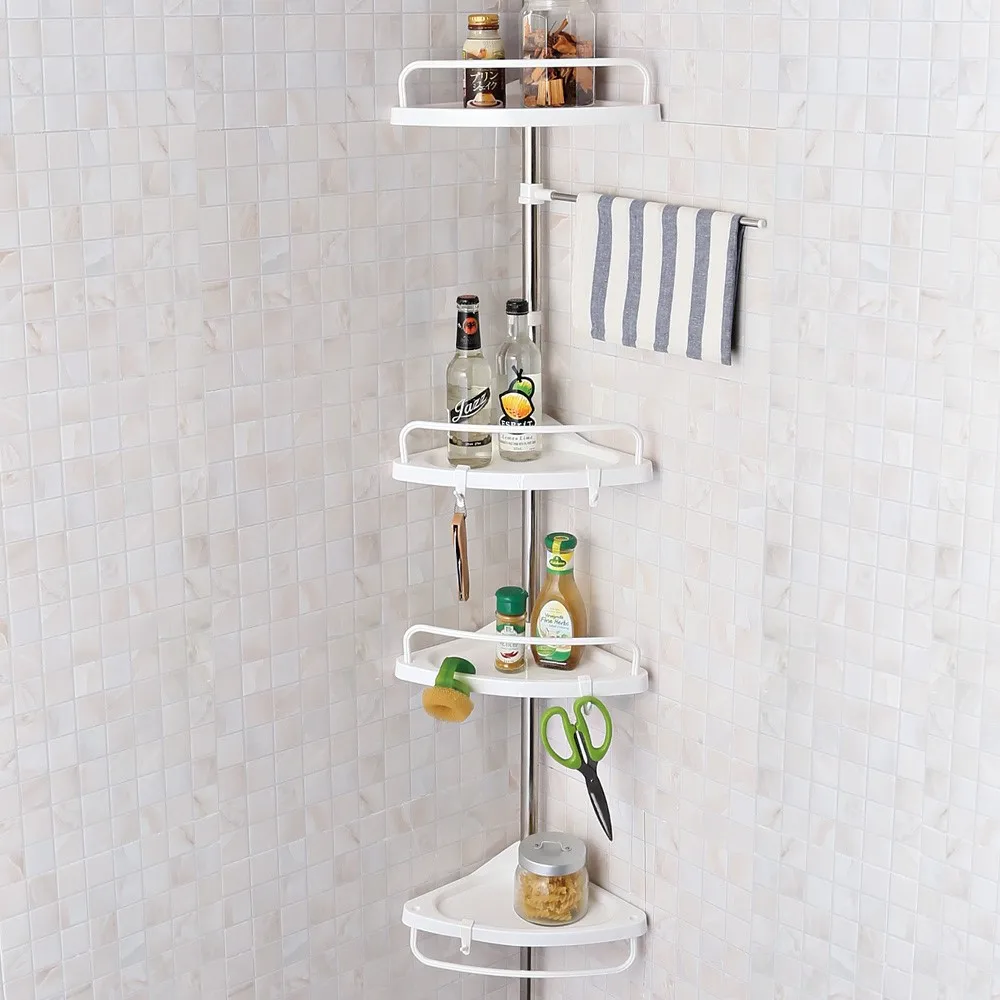 4 Tier wall mounted Telescopic Bathroom Corner Shower Caddy PP plate in white color bathroom shelves   with  a hanging rod