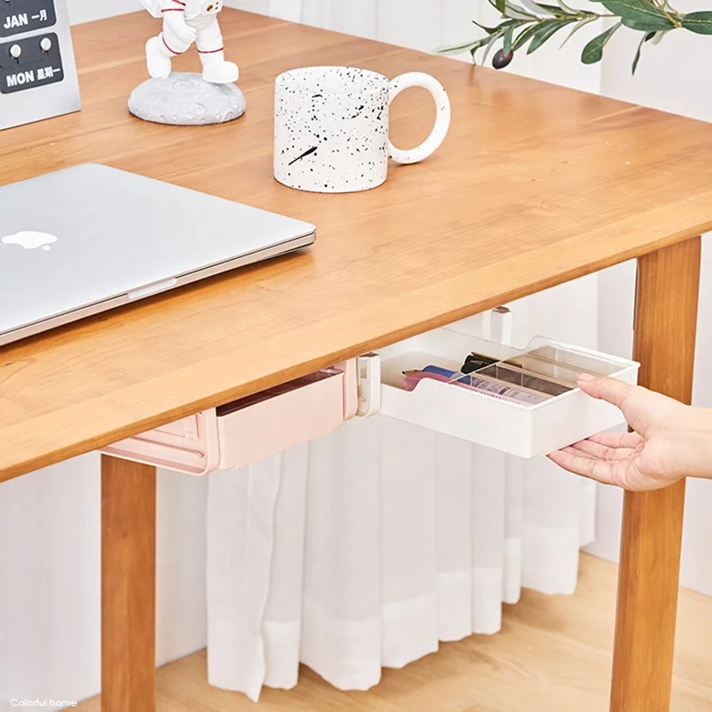 New Creative Self Stick Desk Underdesk Storage Box Hidden Drawer Stationary Sundry Plastic Tray Office Organizer