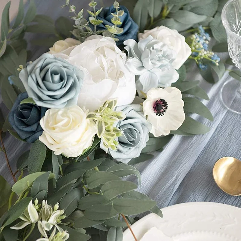 6FT Artificial Garland Dusty Blue Table Runner with Flowers Handcrafted Wedding Centerpieces Arch Flower Garlands