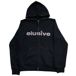 Custom Men Thick French Terry Transfer Rhine Stone Streetwear Bedazzled Bling Rinestoned Full Zip Up With Logo Rhinestone Hoodie