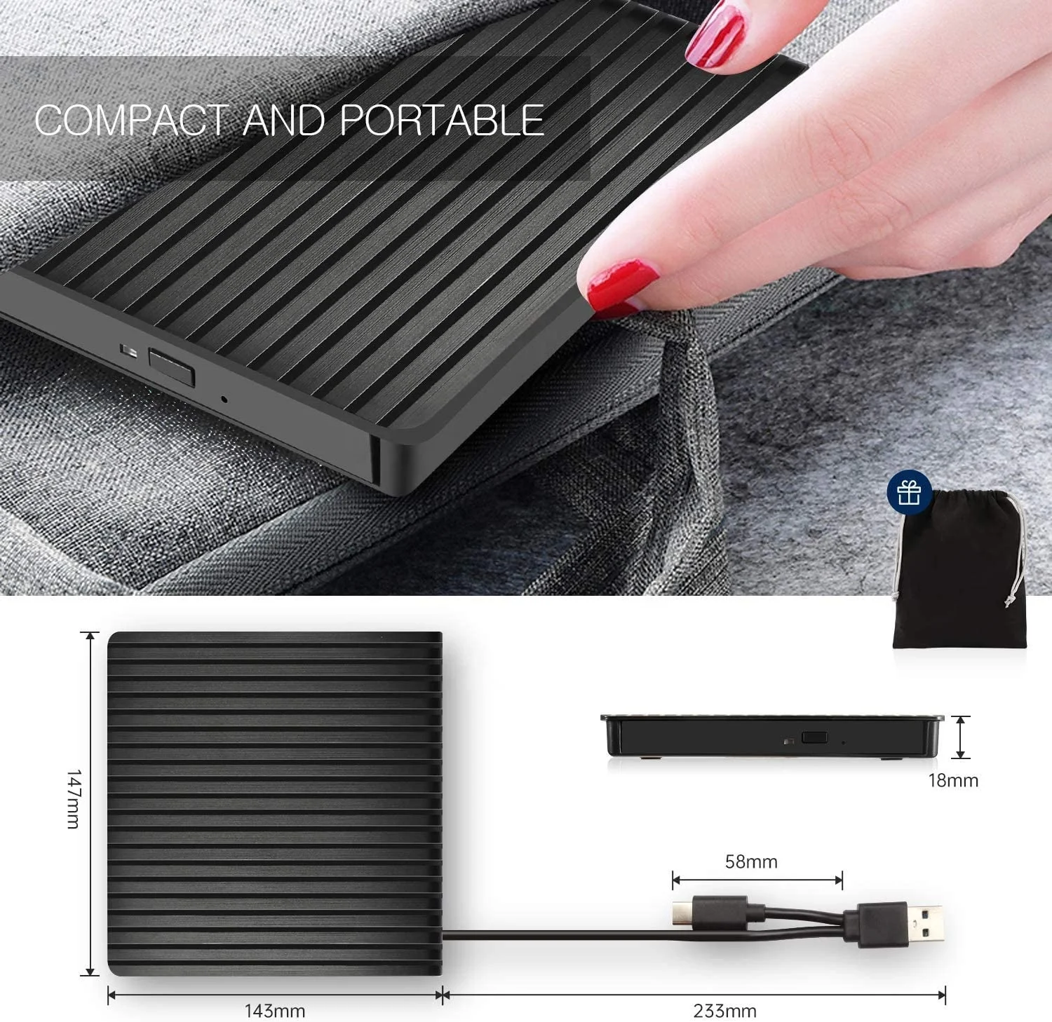 
Raycue USB 3.0 Portable Drive Rewriter Slim External CD DVD Player 