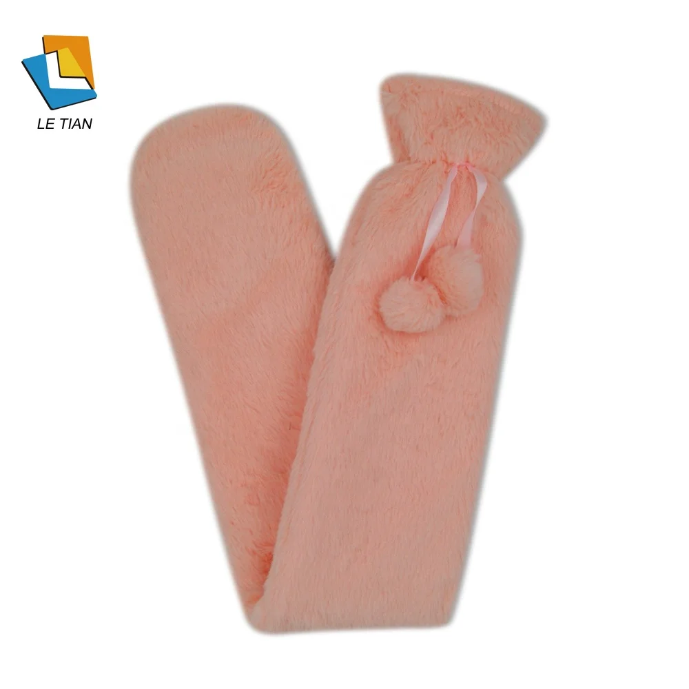 2L  rubber hot water bottle with pink  rabbit hair fur covers