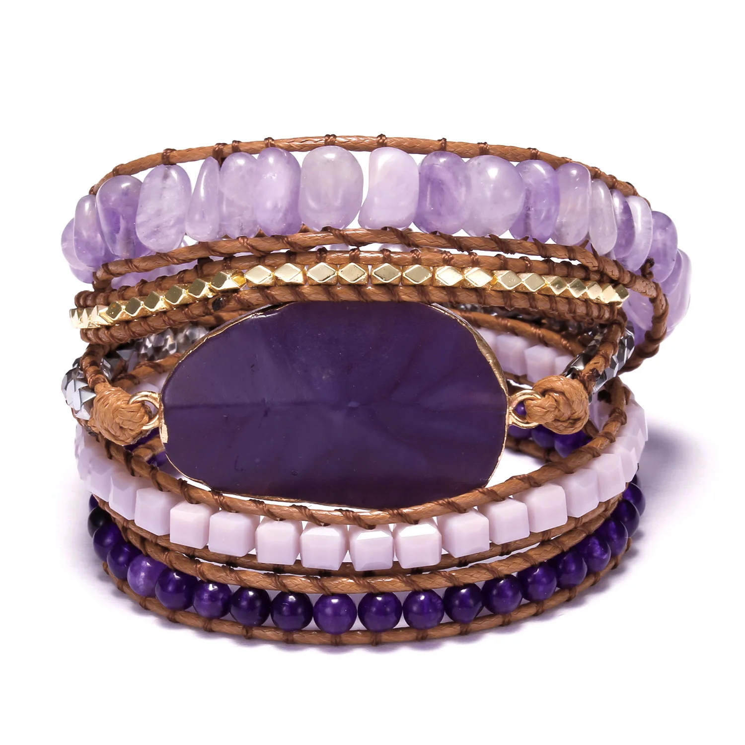 Exquisit Boho Handmade Natural Stones Amethyst Charm Leather Wrap Lawyered Women Bracelet