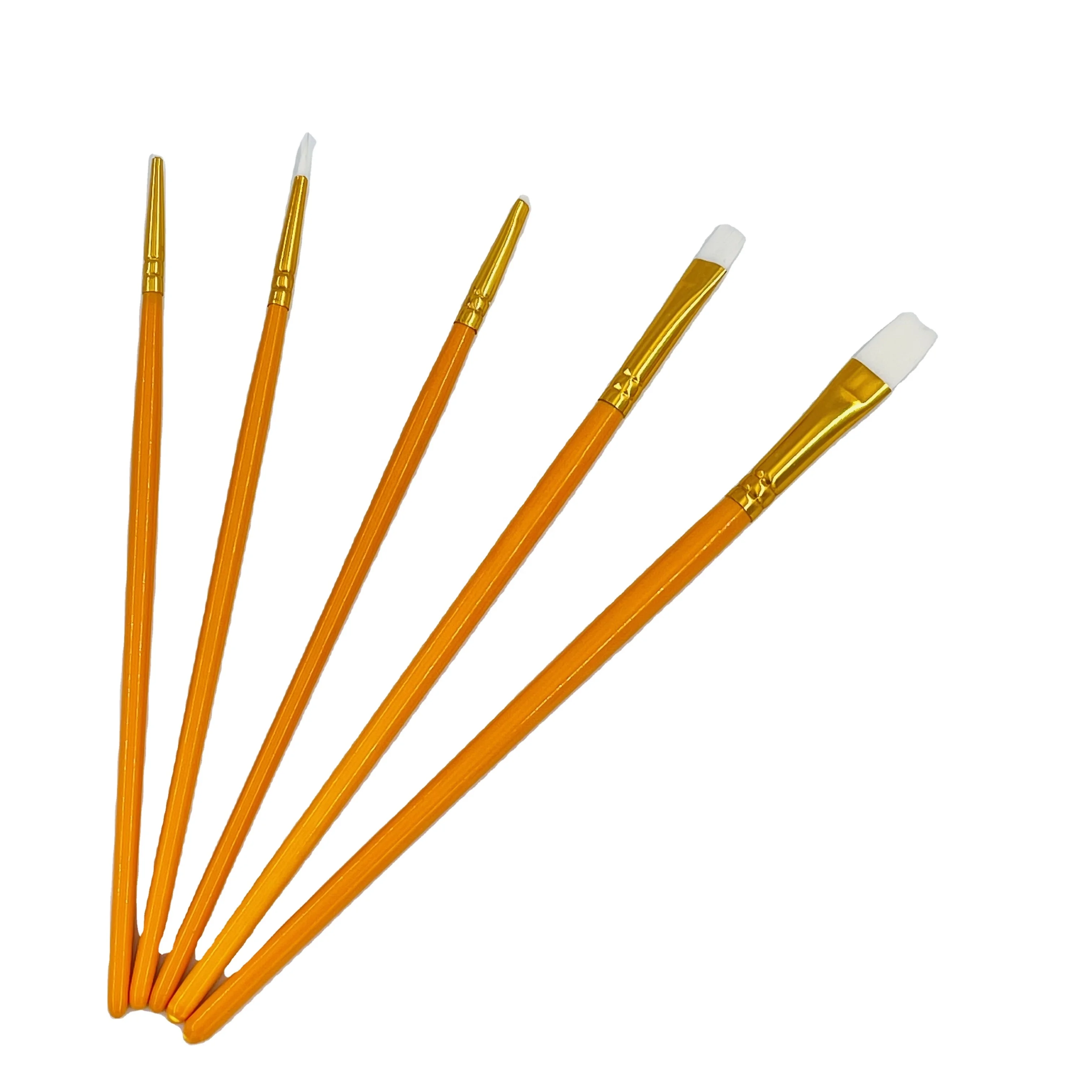 Factory Art Supplies 5 Pcs yellow color wooden handle aluminum tube golden color nylon hair artist paint brush for acrylic paint