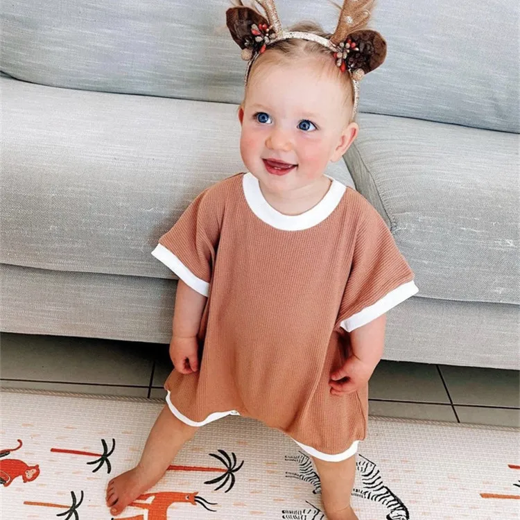 Custom Summer Wholesale Short Sleeve Waffle Jumpsuit Clothes Kids Infant Baby Romper Girl Romper Bodysuit