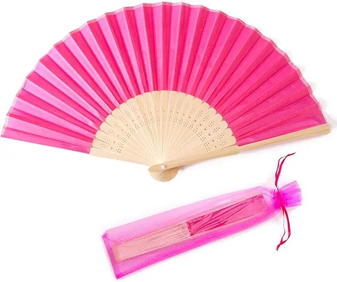 Silk Hand Fan Imitated Silk Fabric Bamboo Hand Folding Fan Bridal Dancing Props Church Wedding Party Fan with Organza Bags