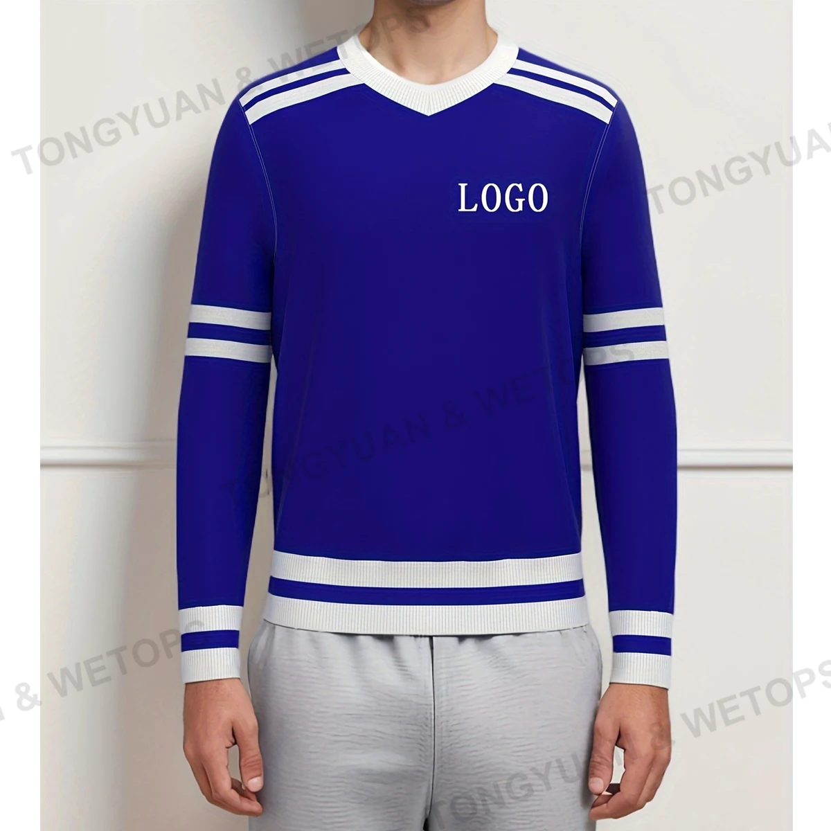 BSCI Clothing Brand Manufacture Greek Fraternity Sorority Royal Blue White V Neck Winter Sweater Cardigan