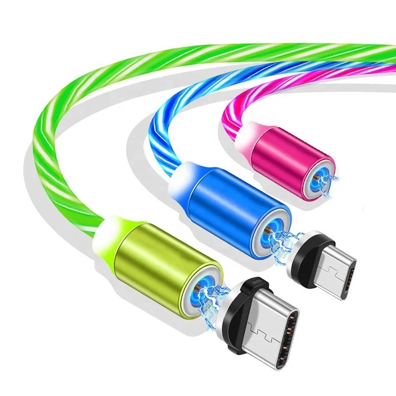 3 in 1 flowing Glowing LED light Wire Cord Mobile Phone Charging Micro USB Type C Magnetic data charger cable for iPhone