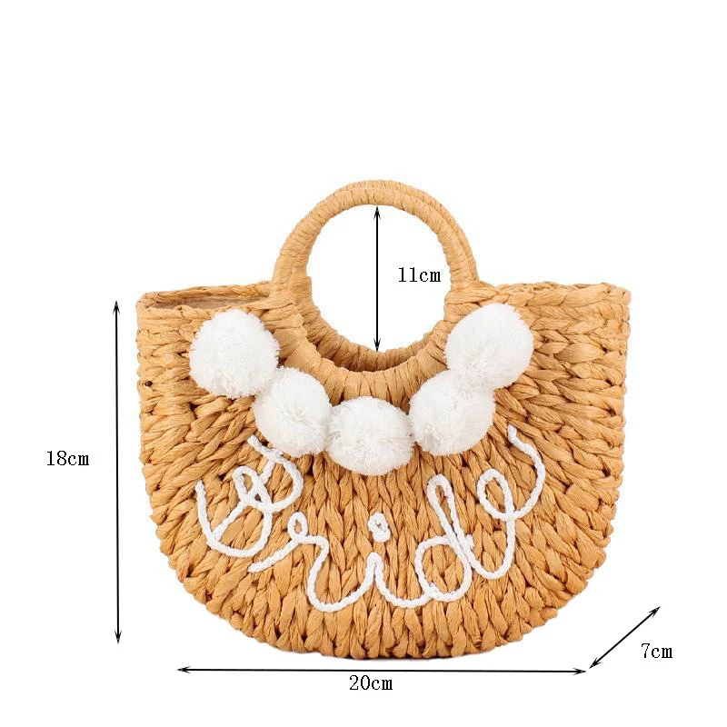Factory Wholesale  Bride Straw Beach Hand Woven Large Purse Wedding Gift with Pompom Top Handle Summer Beach Rattan Tote Bag