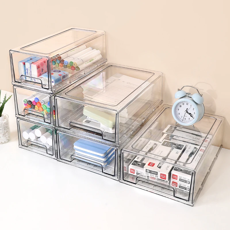 Chenyi Dustproof Stackable Closet Storage Box Clear Desktop Stationery Organizer Transparent Plastic Stationery Storage Drawer