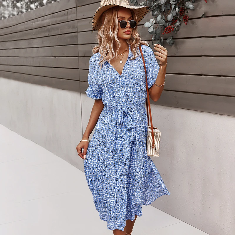 Wholesale Clothing Summer Clothes Ladies Button Down Short Sleeve Turn-Down Collar Midi Floral Print Dresses With Belt