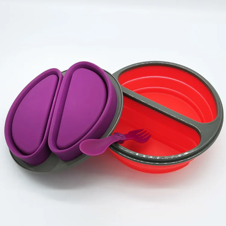 High Quality Round Silicone Collapsible Food Storage Containers Double grid Lunch Box With Plastic Spoon