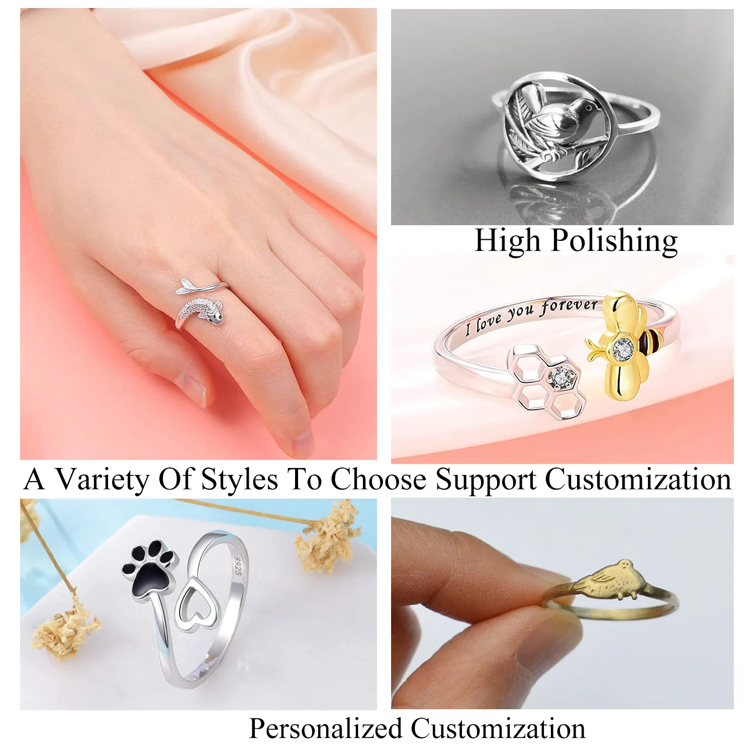 Bee Deer Antler Animal Open Bunny Tortoise Octopus Adjustable Elephant Fish 925 Sterling Silver Lion Cat Cute Snake Pigeon Ring