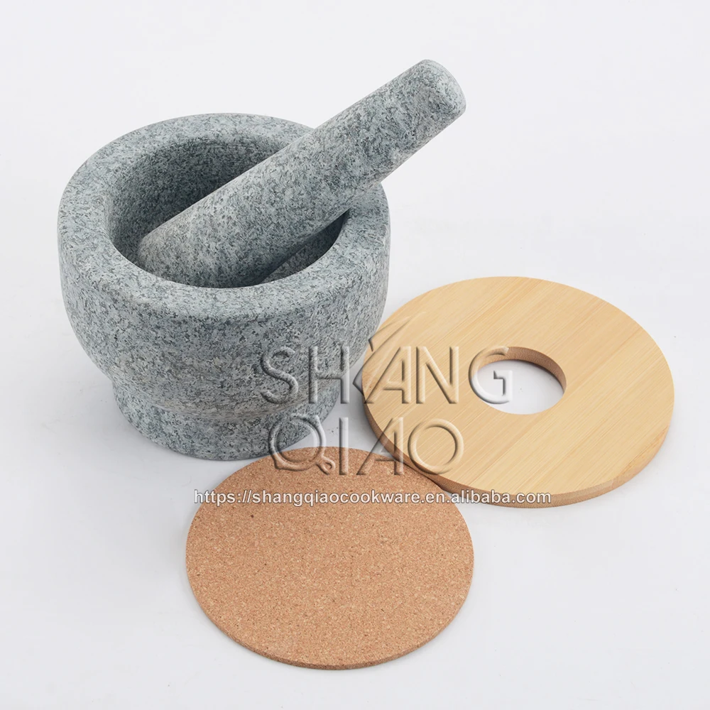 Amazon Hot Sale Natural Unpolished Exterior Granite Mortar and Pestle with Bonus Bamboo Lid and Cork Mat