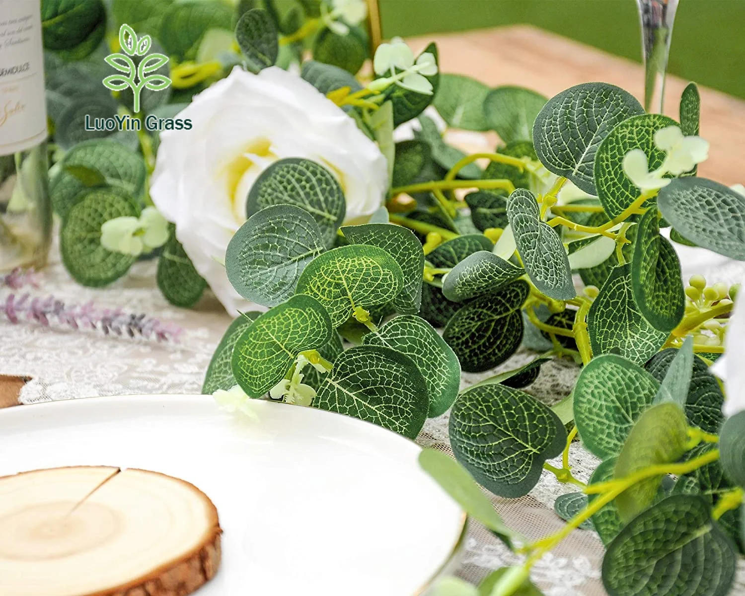 Eucalyptus Garland with White Ross 6Ft Artificial Vines Faux Silk Greenery Eucalyptus Leaves for Wedding Backdrop Decor