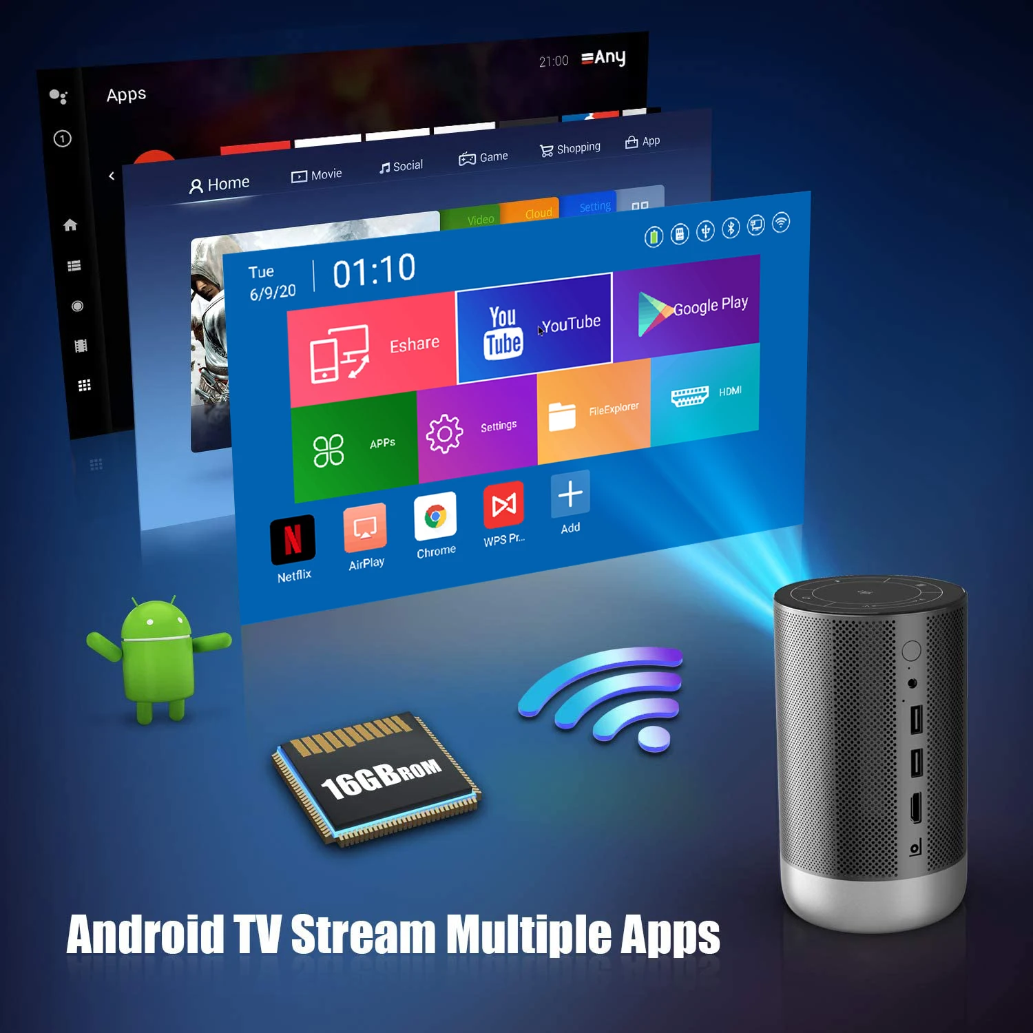 
Auto Focusing Business Education Dlp 3D HD Digital Projector Smart Mobile Phone Proyector with Internal Battery WIFI&Blutetooth 