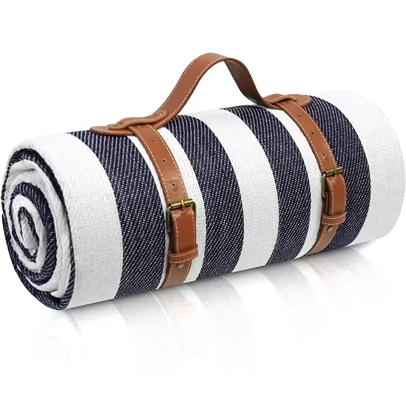 Hot Sell Comfort Acrylic Roll Up Beach Lightweight Picnic Blanket With Leather Strap Camping mat