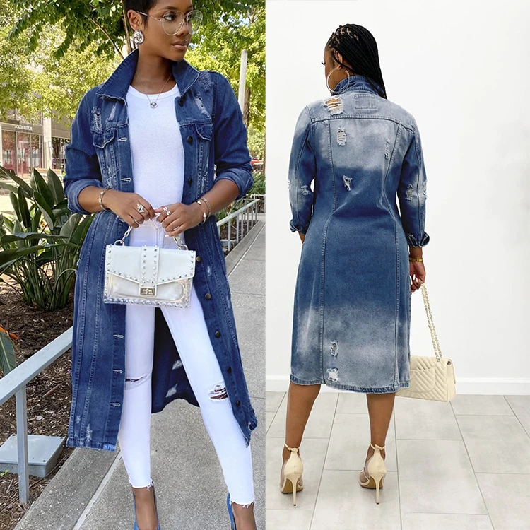 
Autumn Trendy Ladies Long Denim Trench Coat Sexy Blue Ripped Denim Jacket 