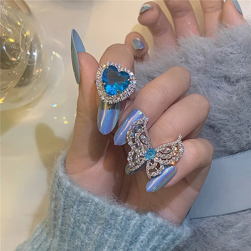 JUHU Ice and Snow Fairy Tale Series Ring Micro-inlaid Zircon Ice Blue Love Heart Opening Ring Crystal Butterfly Ring Female