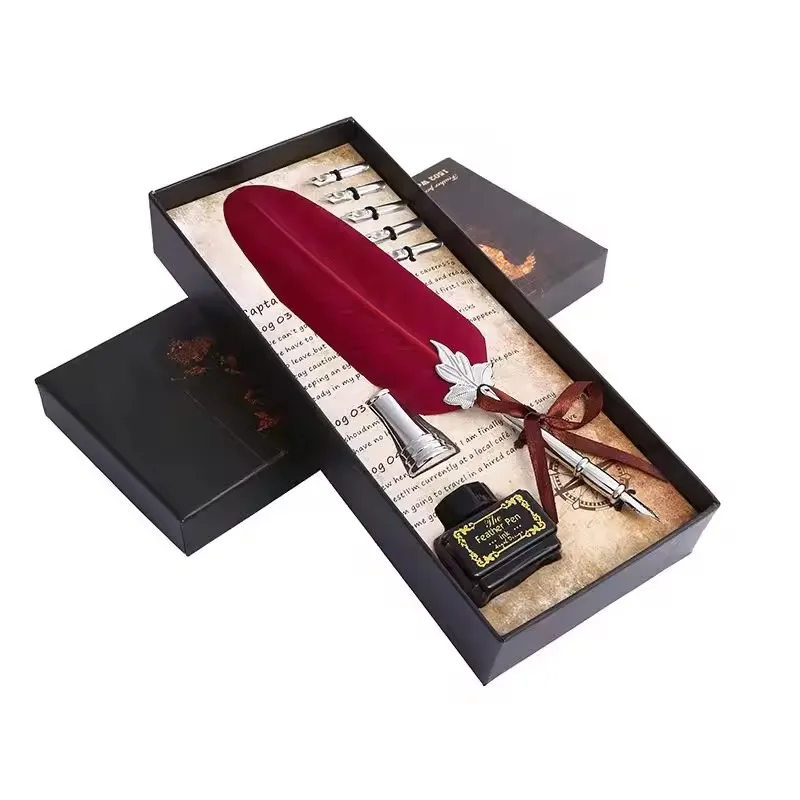 Old Gifts 5 Oblique Gothic Arabic Multi Nib Writing Quill Ink Dip Feather Pen set