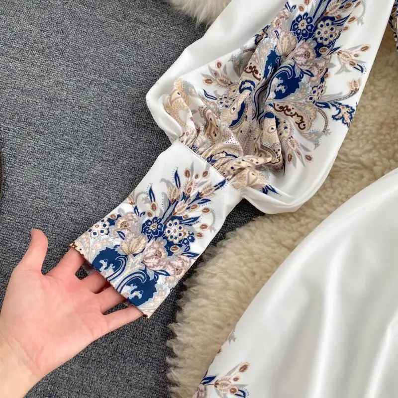 Dress Long Women Retro printing temperament shirt collar fashionable bubble sleeves slim long dress