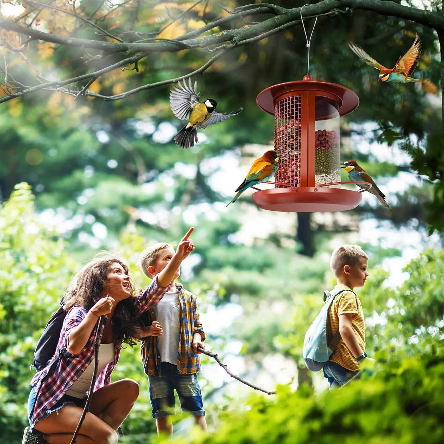 Large Capacity Bird Feeder Hanging Metal Mesh with Copper Holder Wild Outdoor Garden Backyard Plastic Tube Hopper Feeders