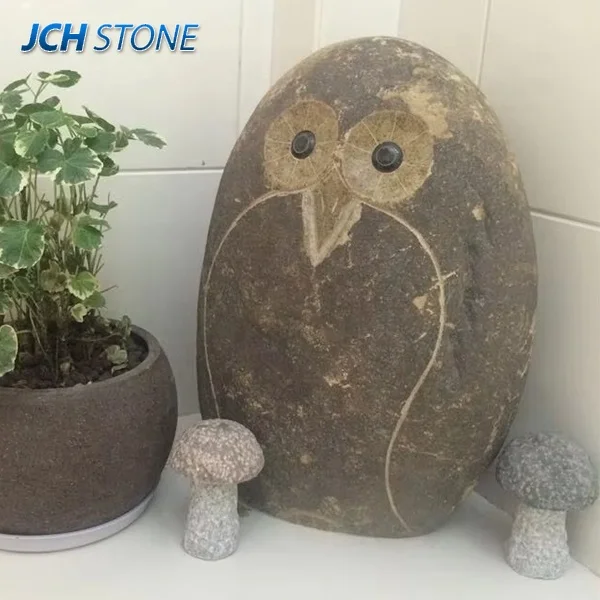 Decorative Garden landscaping River cobble rocks large pebble stone owl carvings
