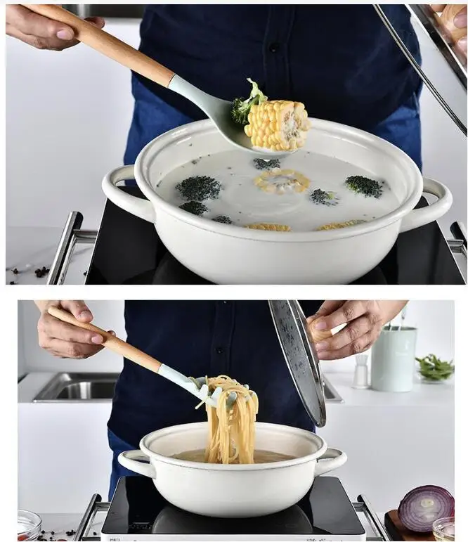 Wooden handle silicone kitchenware 12-piece set with bucket Kitchen cooking spatula Silicone spatula soup colander rice spoon