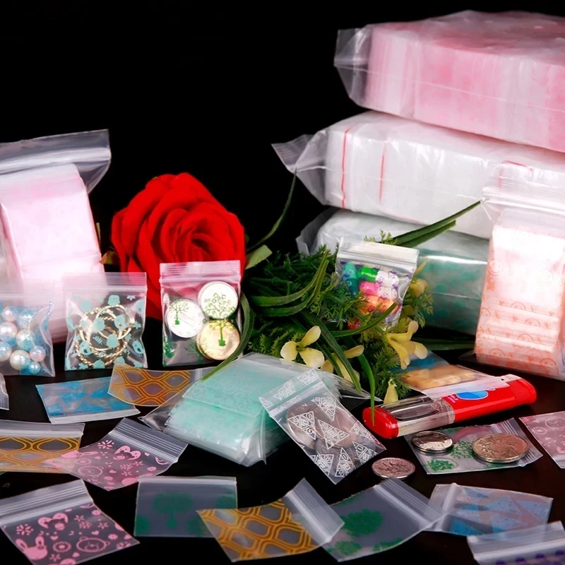 100Pcs/Lot 4x5cm Lock Bag Transparent Plastic Zipper Print Bag Food Storage Jewelry Packaging Pouch Mini Zip Organizer Pocket