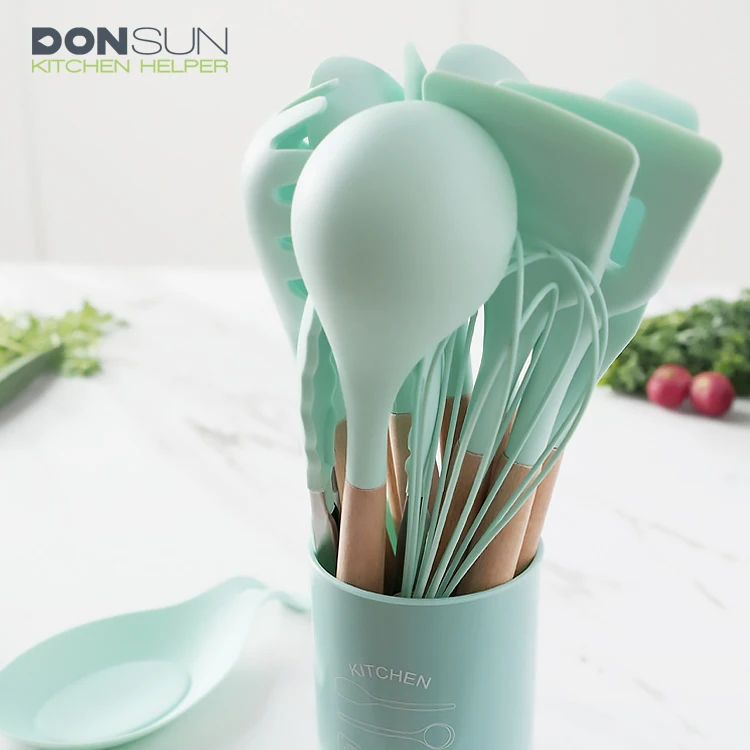 Amazon hot sale Cooking 13 Pieces Silicone Kitchen Utensils Set with plastic bucket