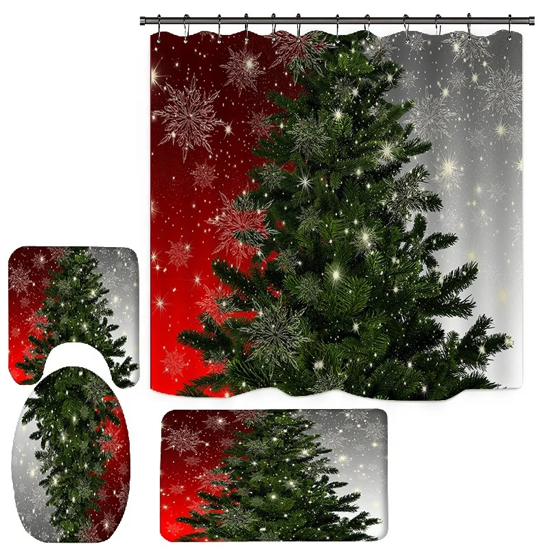 Bindi Wholesale 4 pieces Christmas Pattern Designer Waterproof 3D Polyester Bath Shower Curtains Sets