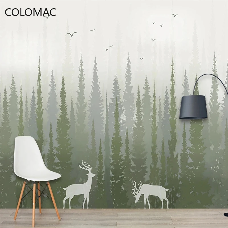 Custom 3D Hand-painted Photo Mural Pine Tree Forest with Bird and Deer Pattern Bedroom Wallpaper Modern Peel and Stick Wallpaper