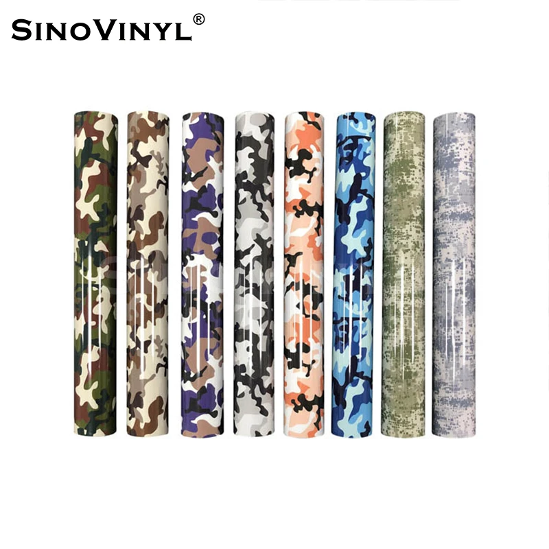 SINOVINYL 0.5x25M Free Sample PU Heat Transfer Camouflage HTV Press Pattern Vinyl Self Cutting Transfer Film For Hats