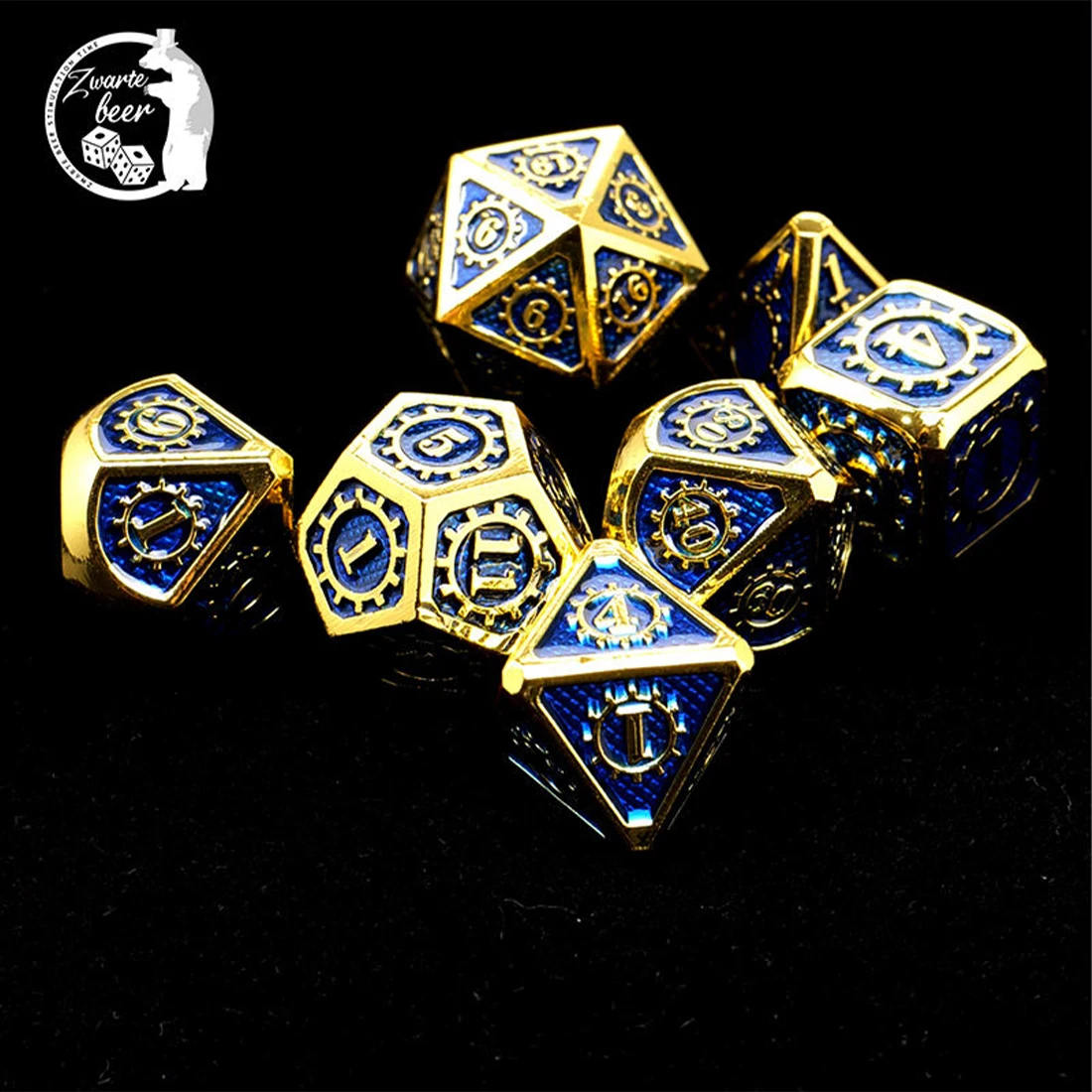 DND & RPG & Mtg Blue Gold Gear Dice Оптовая 10 мм Dice Настольные игровые аксессуары Custom Polyhedral Metal 19 мм Dice Set