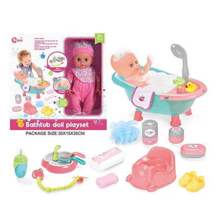 Child Baby 14 Inch Vinyl Doll Shoes Plates Bath Set 12 Sounds With Toilet Feeding Bottle Play House Home Pretend Toys For Kids